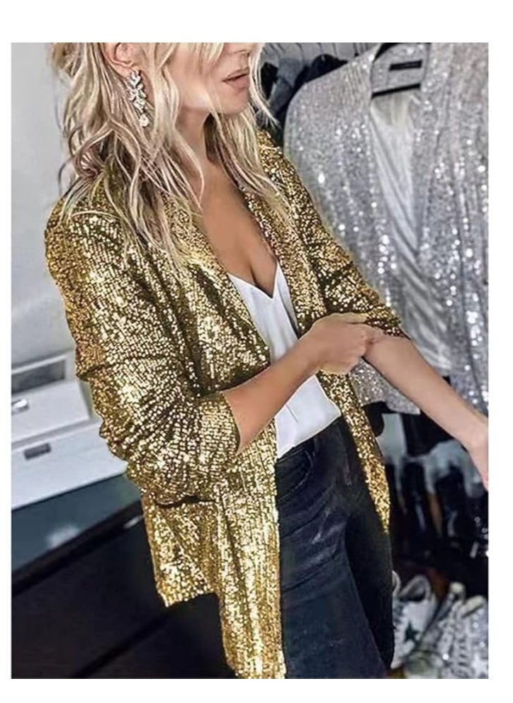 Generic - Showday Women's Sequin Shiny Open Front Blazer Evening Party Sparkly Long Sleeve Slim Cardigan Jacket Fashion Open Front Plus Size Blazer Coats - Image 1