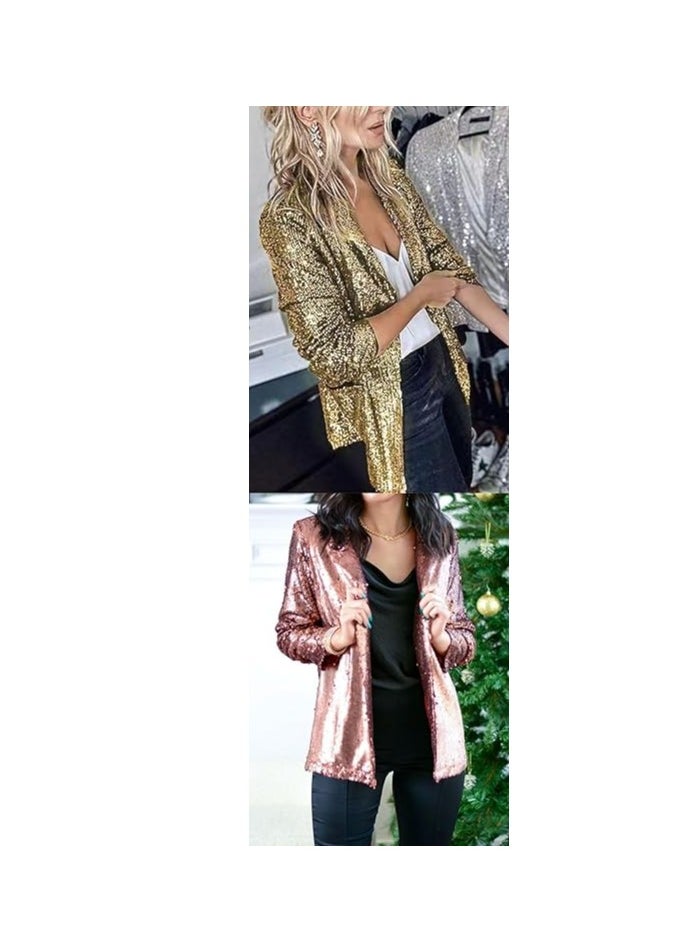 Generic - Showday Women's Sequin Shiny Open Front Blazer Evening Party Sparkly Long Sleeve Slim Cardigan Jacket Fashion Open Front Plus Size Blazer Coats - Image 1