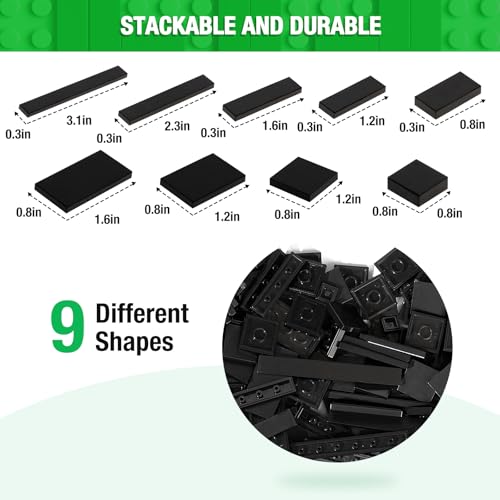 MANNIDOO 1200 Pieces Flat Pieces 9 Sizes Classic Moc Parts and Pieces Tiles Expansion Set Compatible with All Major Brands Building Bricks Bulks for Smooth Surface Black - Image 5