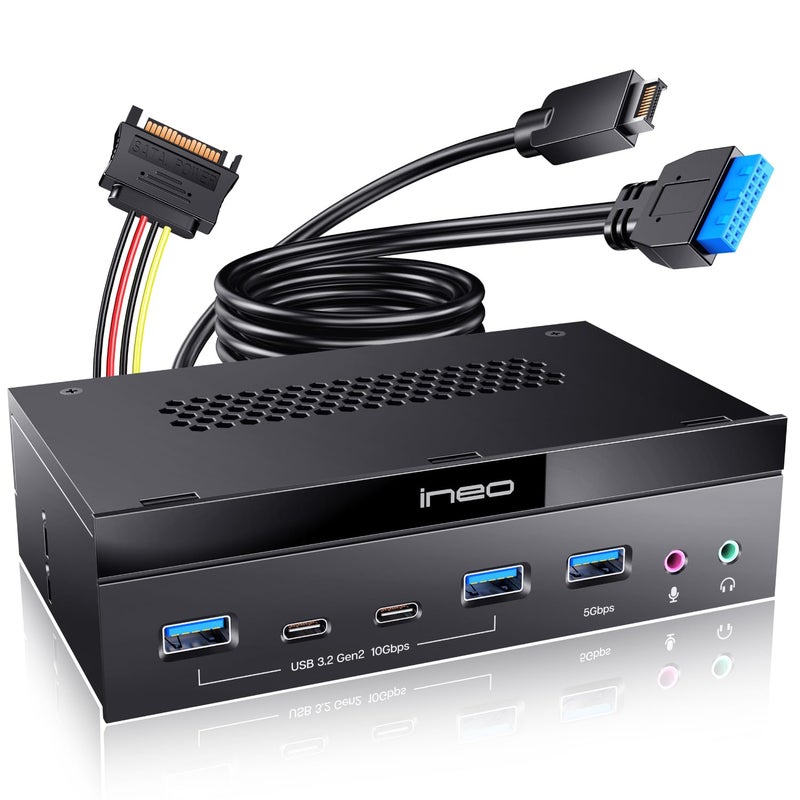 Ineo 5.25" Front Panel USB 3.2 Gen 2 Hub - 2X 10G USB-C, 2X 10G USB-A, 1x USB 3.0 Type-A, Audio & Mic Jack [3570II] - Image 1