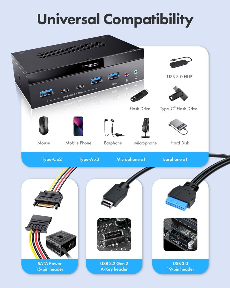 Ineo 5.25" Front Panel USB 3.2 Gen 2 Hub - 2X 10G USB-C, 2X 10G USB-A, 1x USB 3.0 Type-A, Audio & Mic Jack [3570II] - Image 4