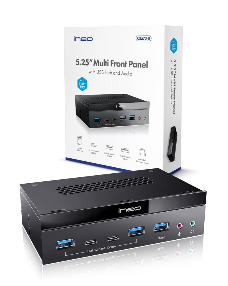 Ineo 5.25" Front Panel USB 3.2 Gen 2 Hub - 2X 10G USB-C, 2X 10G USB-A, 1x USB 3.0 Type-A, Audio & Mic Jack [3570II] - Image 5