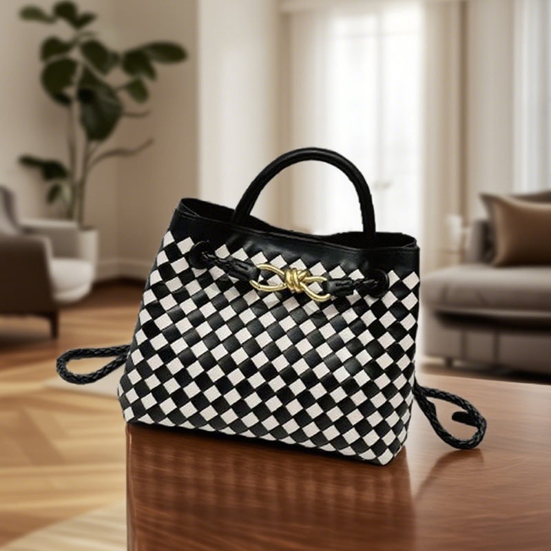 Large-Capacity Handbag, Personalized Hand-Woven Shoulder Crossbody Tote Bag, Commuter Fashion Cowhide Color Matching Tote Bag - Image 5