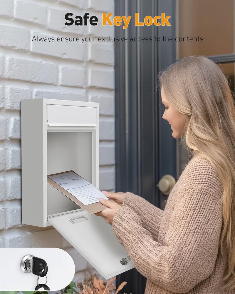 Uniclife Wall Mount Mailbox for Outside, Locking Mailbox, Large Mailbox with Key Lock, Security Mail Box for House, Safe Key Drop Box, Post Box, Steel Cash Drop Box for Home Office School, White - Image 2