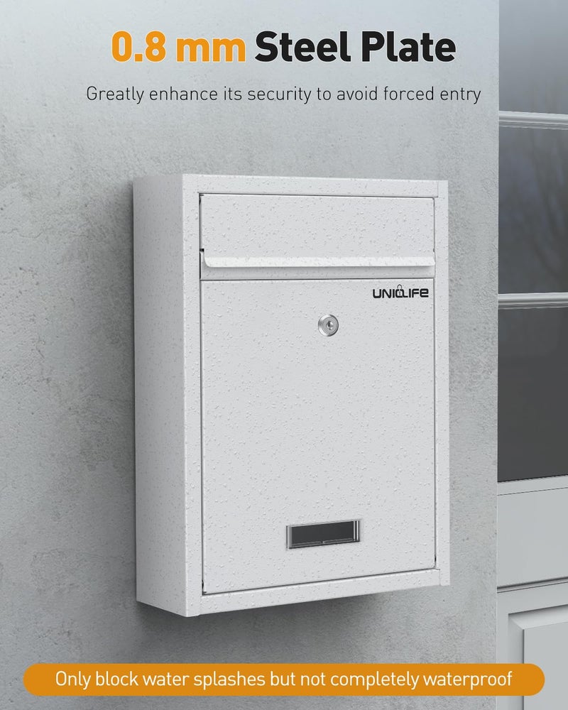 Uniclife Wall Mount Mailbox for Outside, Locking Mailbox, Large Mailbox with Key Lock, Security Mail Box for House, Safe Key Drop Box, Post Box, Steel Cash Drop Box for Home Office School, White - Image 4