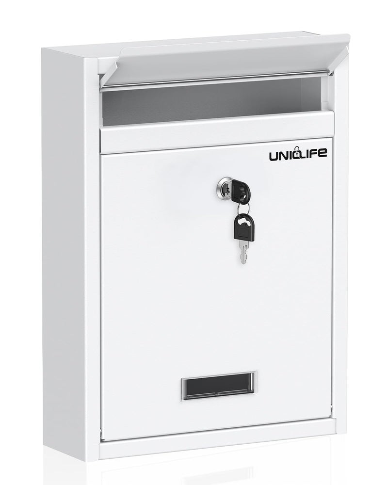 Uniclife Wall Mount Mailbox for Outside, Locking Mailbox, Large Mailbox with Key Lock, Security Mail Box for House, Safe Key Drop Box, Post Box, Steel Cash Drop Box for Home Office School, White - Image 1