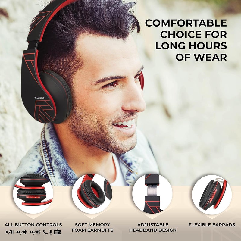 PowerLocus Bluetooth Over-Ear Headphones, Wireless Stereo Foldable Headphones Wireless and Wired Headphones with Built-in Microphone, Micro SD/TF, FM for Mobile Phones/iPad/Laptops & PC (Black/Red) - Image 2
