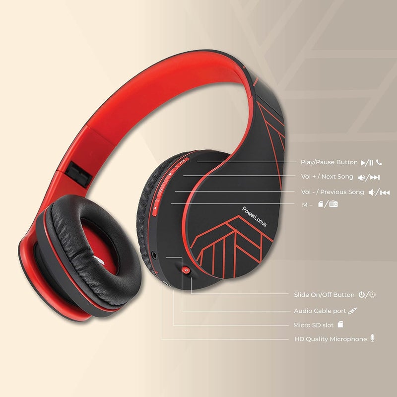 PowerLocus Bluetooth Over-Ear Headphones, Wireless Stereo Foldable Headphones Wireless and Wired Headphones with Built-in Microphone, Micro SD/TF, FM for Mobile Phones/iPad/Laptops & PC (Black/Red) - Image 5