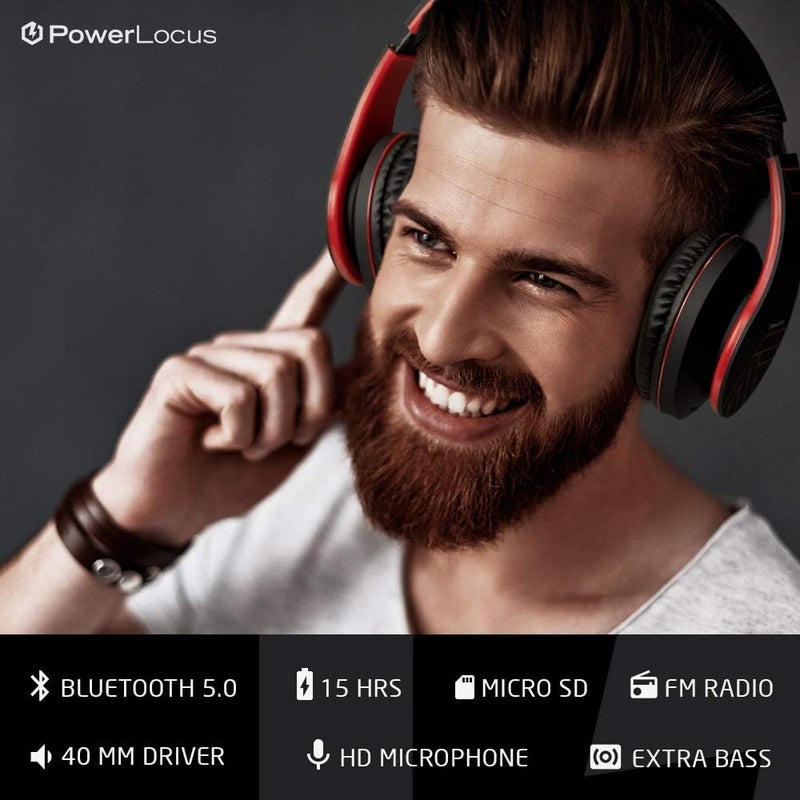 PowerLocus Bluetooth Over-Ear Headphones, Wireless Stereo Foldable Headphones Wireless and Wired Headphones with Built-in Microphone, Micro SD/TF, FM for Mobile Phones/iPad/Laptops & PC (Black/Red) - Image 3