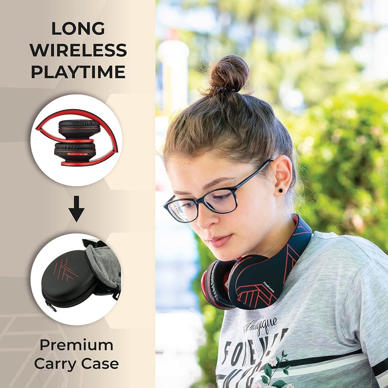 PowerLocus Bluetooth Over-Ear Headphones, Wireless Stereo Foldable Headphones Wireless and Wired Headphones with Built-in Microphone, Micro SD/TF, FM for Mobile Phones/iPad/Laptops & PC (Black/Red) - Image 4