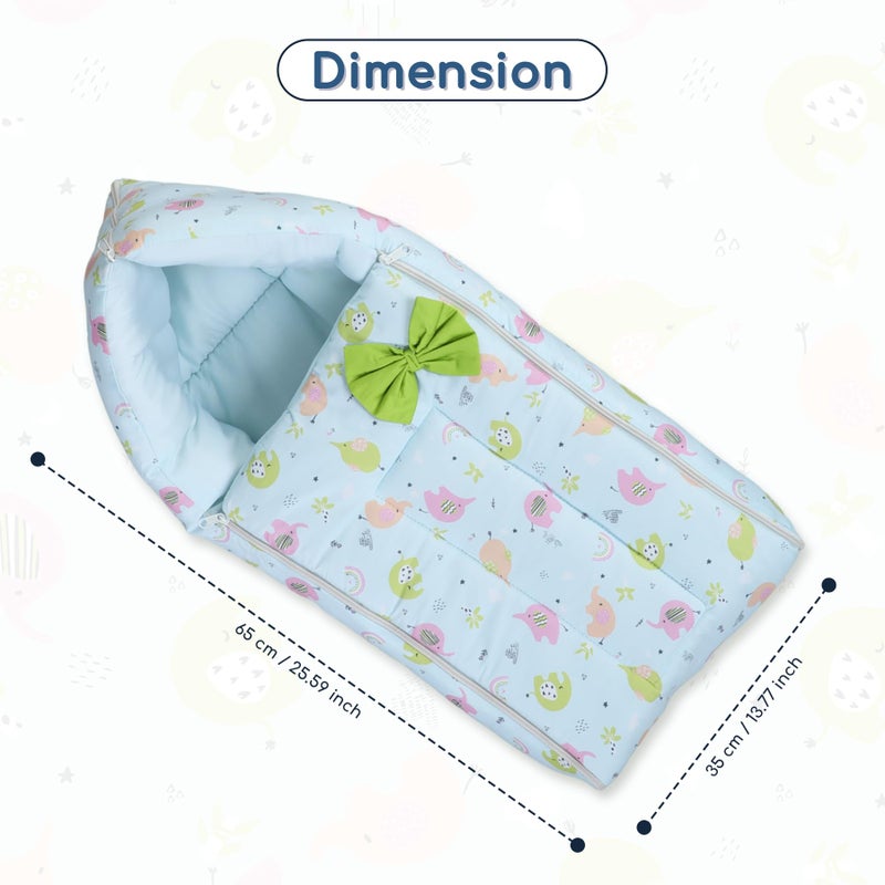 POLKA TOTS Elephant Printed Cotton Sateen Bow Baby Sleeping Bag Cum Baby Nest- Breathable Fabric for 0-6 Month, Travel-Friendly Newborn Sleeping Solution, Safe for Year-Round Use (Blue, 65X35X12cm) - Image 3