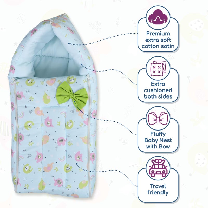 POLKA TOTS Elephant Printed Cotton Sateen Bow Baby Sleeping Bag Cum Baby Nest- Breathable Fabric for 0-6 Month, Travel-Friendly Newborn Sleeping Solution, Safe for Year-Round Use (Blue, 65X35X12cm) - Image 2