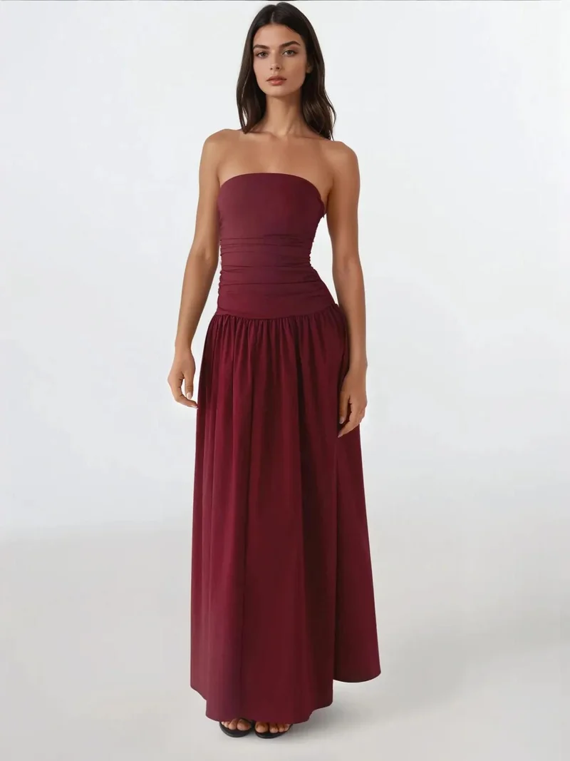 HICCUP Burgundy Red Strapless Maxi Dress Detail for Women | Best Price UAE