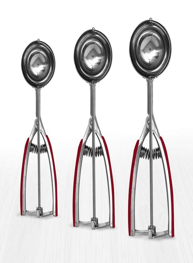 Millvado Stainless Steel Ice Cream and Cookie Millvado 3 Pack Stainless Steel Ice Cream and Cookie Scoops | With Red Rubber Grips - Spring Loaded Lever Design - For Sorbet, Melon, Meatballs, Muffins, - Image 1
