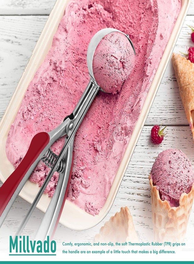 Millvado Stainless Steel Ice Cream and Cookie Millvado 3 Pack Stainless Steel Ice Cream and Cookie Scoops | With Red Rubber Grips - Spring Loaded Lever Design - For Sorbet, Melon, Meatballs, Muffins, - Image 3