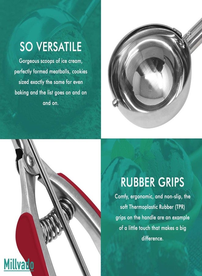 Millvado Stainless Steel Ice Cream and Cookie Millvado 3 Pack Stainless Steel Ice Cream and Cookie Scoops | With Red Rubber Grips - Spring Loaded Lever Design - For Sorbet, Melon, Meatballs, Muffins, - Image 5