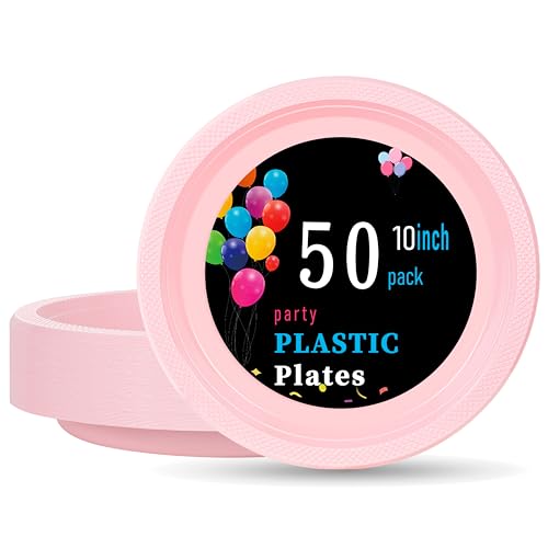WELLIFE Pink Plastic Plates 10 Inch 50 Count Disposable Plate for Party Mothers Day Large Big Plates for Dinner Supplies Birthday Party - Image 1