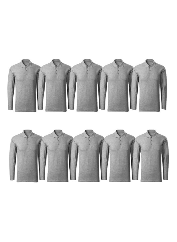 PRINTSHOP4ME 10Pcs Men's LONG SLEEVE POLO T-Shirt 220 GSM Pure Cotton Basic Colors  - Image 1