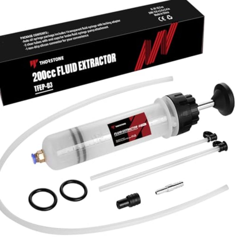 Automotive fluid extraction tool for oil changes, made of rubber and PVC, black and translucent, features manual suction, 60cm hose, 200 CC capacity, and ergonomic design - Image 1