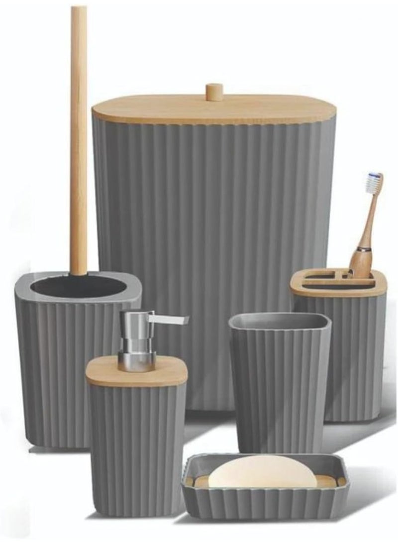 Premium 6-Piece Bathroom Accessory Set: Toilet Brush, Soap Dispenser, Toothbrush Holder, Cup, Soap Dish, Trash Can - Complete Bathroom Ensemble for Modern Décor" (Grey Square) - Image 1