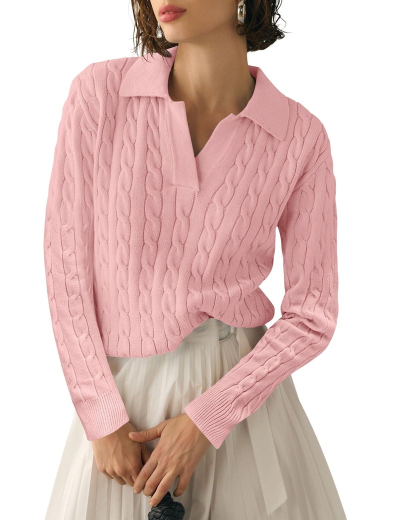 Micoson Womens Fall Sweaters 2024 Knitted V-Neck Collared Business Pullover Long Sleeve Winter Elegant Casual Sweater (Pink,S) - Image 1
