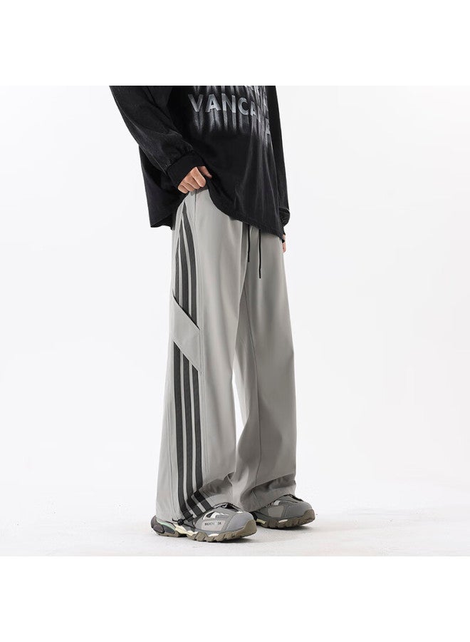 Izexx American-style Striped Cargo Pants For Men, High Street Casual Loose Straight Wide-leg Sports Trousers Mz98 Cement Gray 2XL - Image 2