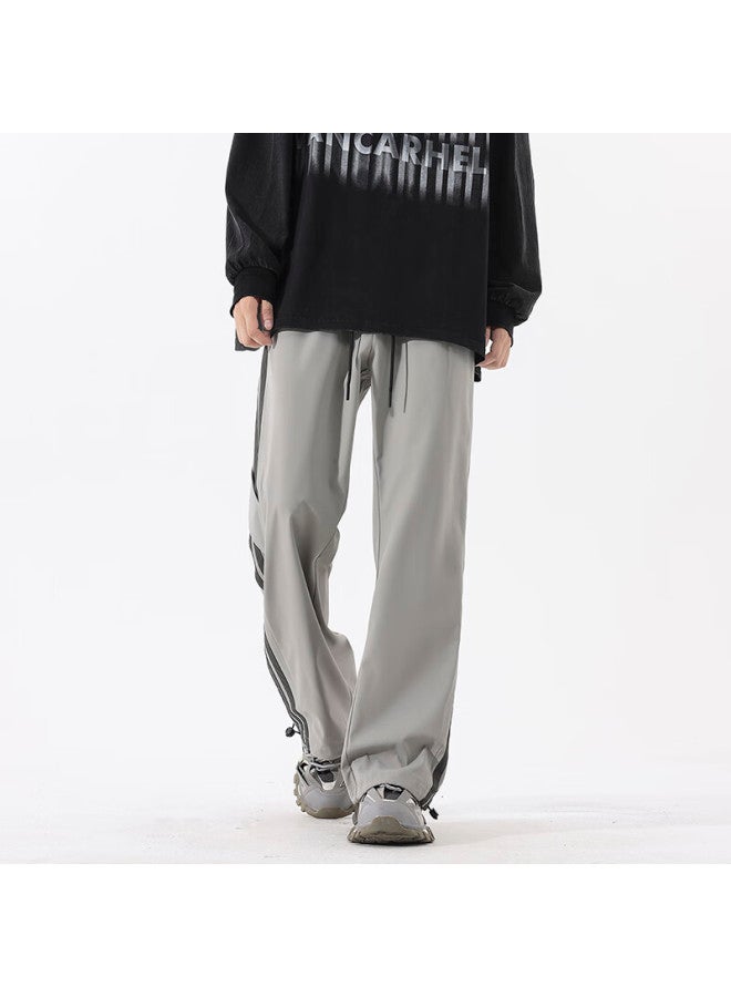 Izexx American-style Striped Cargo Pants For Men, High Street Casual Loose Straight Wide-leg Sports Trousers Mz98 Cement Gray 2XL - Image 3