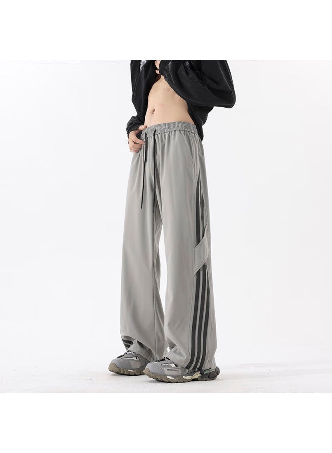 Izexx American-style Striped Cargo Pants For Men, High Street Casual Loose Straight Wide-leg Sports Trousers Mz98 Cement Gray 2XL - Image 5
