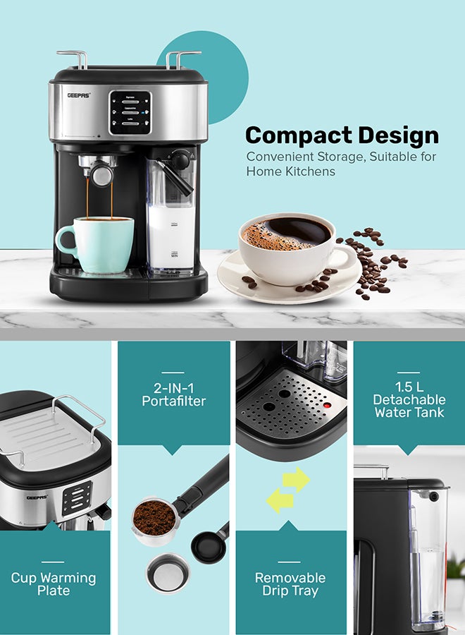 GEEPAS Espresso and Cappuccino Coffee Machine, Equipped with 20 Bar High Pressure Pump and Powerful Steam System, Makes Cappuccino, Lattes, Espresso, Macchiato, Mocha 1.5 L 1250 W GCM1215SA Black/Silver - Image 5