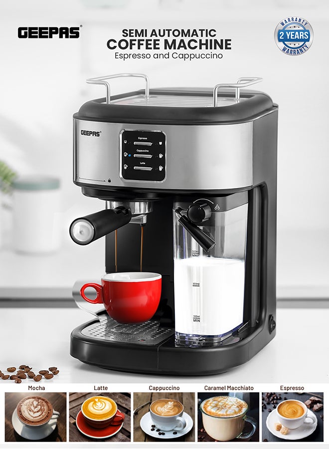 GEEPAS Espresso and Cappuccino Coffee Machine, Equipped with 20 Bar High Pressure Pump and Powerful Steam System, Makes Cappuccino, Lattes, Espresso, Macchiato, Mocha 1.5 L 1250 W GCM1215SA Black/Silver - Image 1
