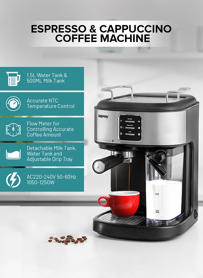 GEEPAS Espresso and Cappuccino Coffee Machine, Equipped with 20 Bar High Pressure Pump and Powerful Steam System, Makes Cappuccino, Lattes, Espresso, Macchiato, Mocha 1.5 L 1250 W GCM1215SA Black/Silver - Image 3