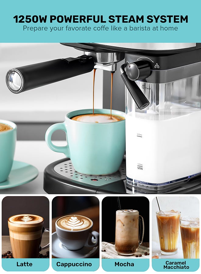 GEEPAS Espresso and Cappuccino Coffee Machine, Equipped with 20 Bar High Pressure Pump and Powerful Steam System, Makes Cappuccino, Lattes, Espresso, Macchiato, Mocha 1.5 L 1250 W GCM1215SA Black/Silver - Image 4