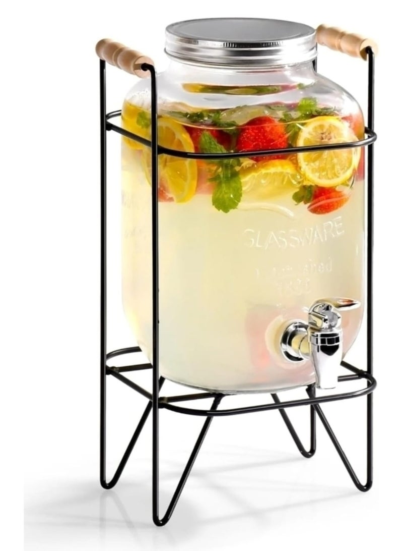 8 Litre Juice Dispenser Glass With Stand, 8L Glass Beverage Dispenser With Leak proof Tap, 8Ltr Cold Water Pitcher With Lid, 8 Litre Drinks Dispenser For Parties And Get Togeather Occassions - Image 1