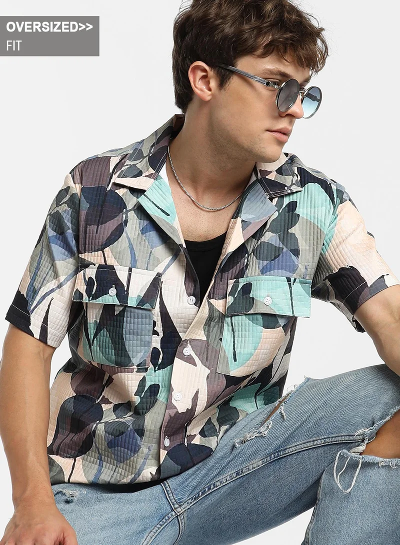 Campus Sutra Men's Multicolour Artistic Bloom Oversized Shirt
