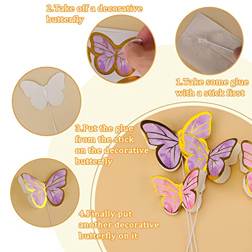 Tmtains 80Pcs Butterfly Cake Toppers Set Happy Birthday 3D Mixed Color Pink Purple Cupcake Picks Butterfly Cupcake Topper with Dot Glue Decorations for Anniversary Party Wedding Wall Decor Supplies - Image 5