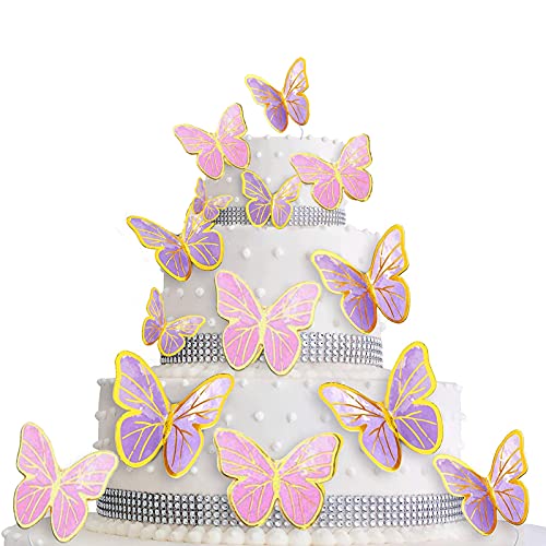 Tmtains 80Pcs Butterfly Cake Toppers Set Happy Birthday 3D Mixed Color Pink Purple Cupcake Picks Butterfly Cupcake Topper with Dot Glue Decorations for Anniversary Party Wedding Wall Decor Supplies - Image 1