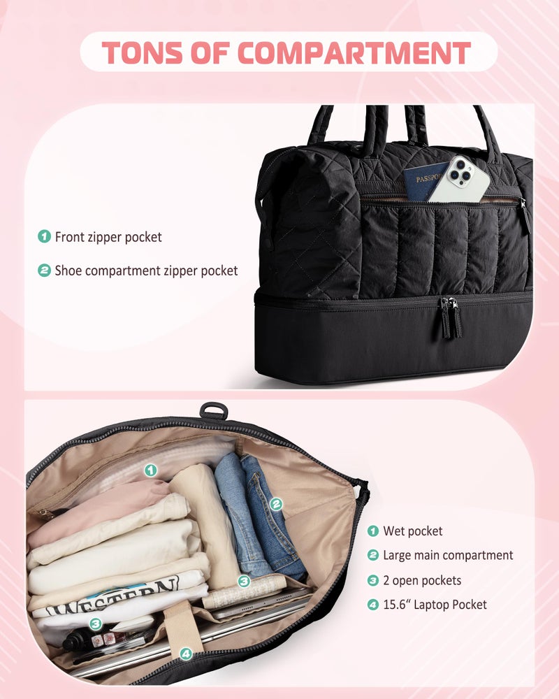 Smasrob Quilted Duffle Bag with Shoe Compartment and Wet Pocket, Weekender Duffel Bag With Laptop Sleeve and a Separate Pouch for Travel, Gym, Hospital Labor Delivery, Black - Image 2