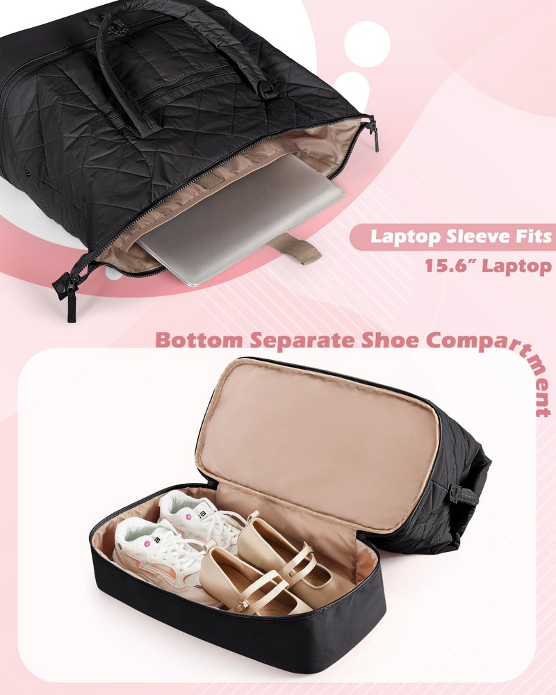 Smasrob Quilted Duffle Bag with Shoe Compartment and Wet Pocket, Weekender Duffel Bag With Laptop Sleeve and a Separate Pouch for Travel, Gym, Hospital Labor Delivery, Black - Image 3