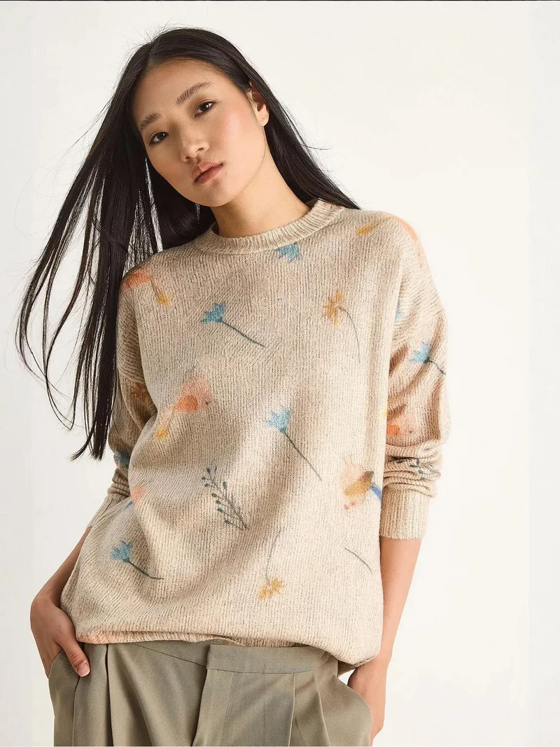 Bianco Lucci Beige Natural LUCCI Pattern Knit Sweater with Crew Neck for Women | Best Price UAE