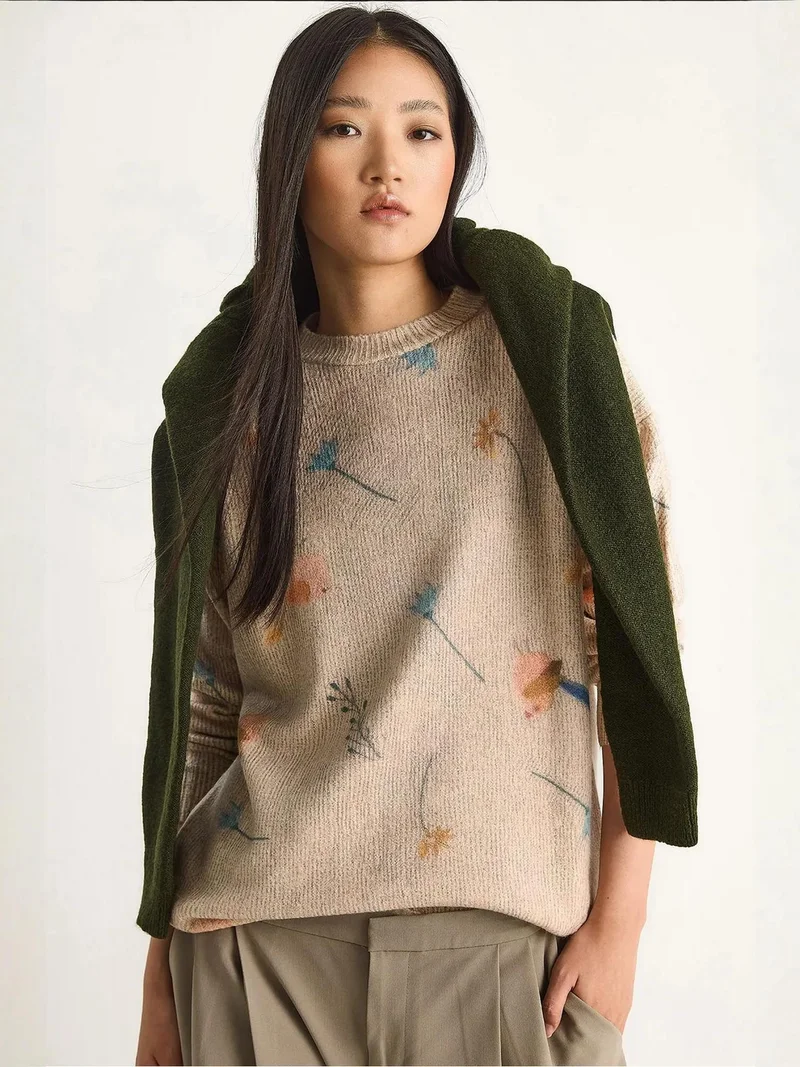 Bianco Lucci Beige Natural LUCCI Pattern Knit Sweater with Crew Neck for Women | Best Price UAE