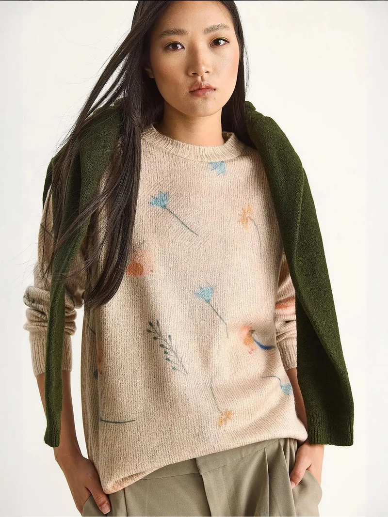 Bianco Lucci Beige Natural LUCCI Pattern Knit Sweater with Crew Neck for Women | Best Price UAE