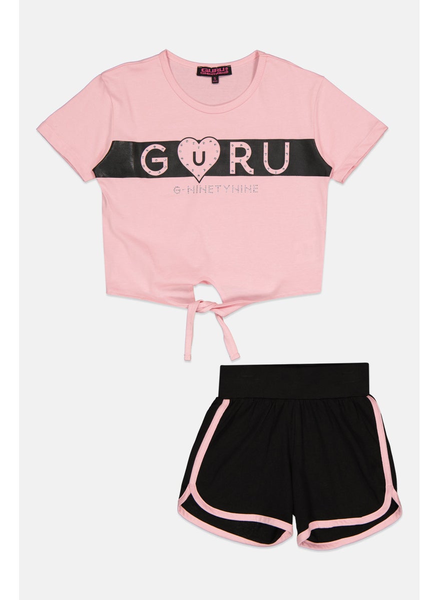 Guru 99 Kids Girl 2 Pieces Graphic Print Top And Short Set, Multicolor  - Image 1
