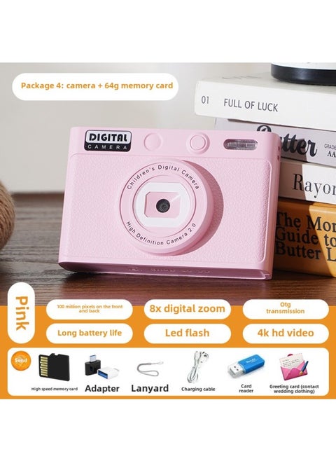 Student Camera Hd Retro Digital Camera Portable Travel Card Machine Selfie Multi Filter Ccd-Body Color:H9 Pink (one Billion Pixels On The Front And Rear - Multi-filters) + 64g High-speed Memory Card