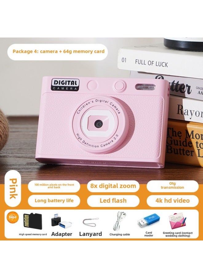 Student Camera Hd Retro Digital Camera Portable Travel Card Machine Selfie Multi Filter Ccd-Body Color:H9 Pink (one Billion Pixels On The Front And Rear - Multi-filters) + 64g High-speed Memory Card