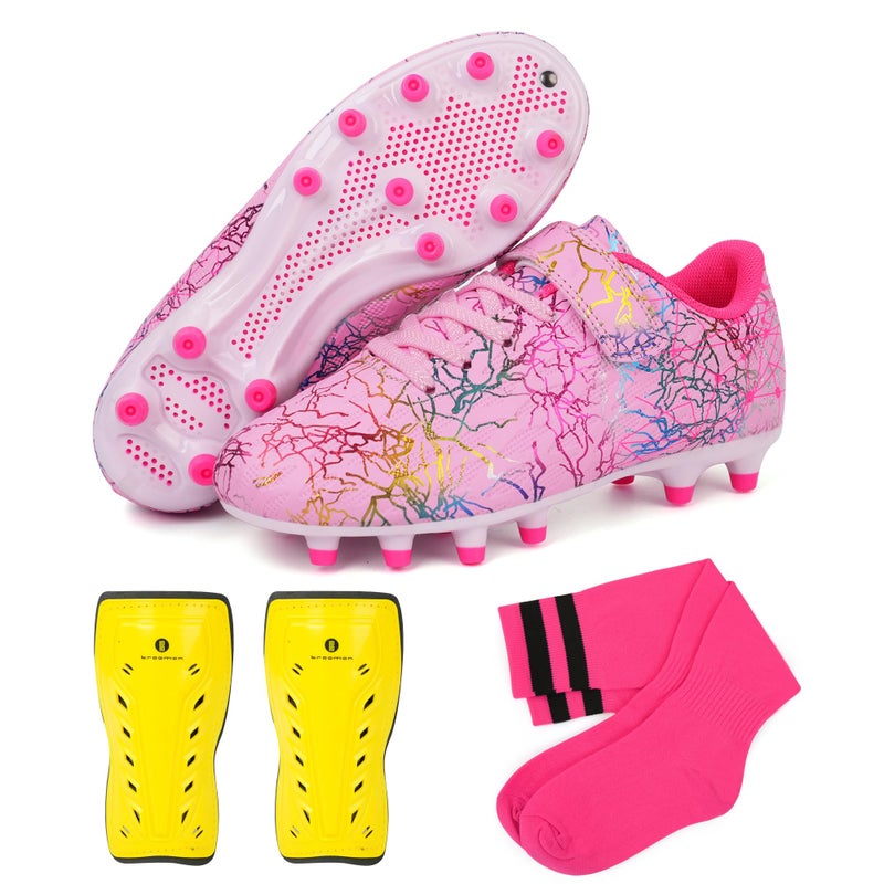 brooman Kids Firm Ground Soccer Cleats Girls Football Cleats with Shin Guards and Soccer Socks (3,Pink) - Image 1