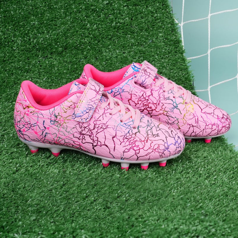 brooman Kids Firm Ground Soccer Cleats Girls Football Cleats with Shin Guards and Soccer Socks (3,Pink) - Image 5