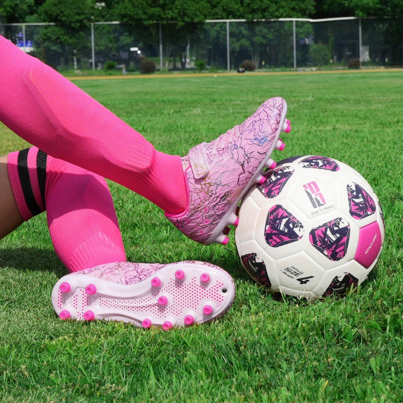 brooman Kids Firm Ground Soccer Cleats Girls Football Cleats with Shin Guards and Soccer Socks (3,Pink) - Image 2