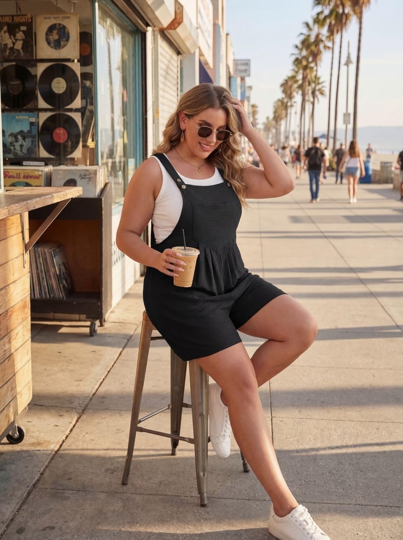 OLRIK Plus Size Rompers for Curvy Women Wide Leg Short Overalls Casual Loose Fit Jumpsuits 2026 Summer Outfits Black-2X - Image 4