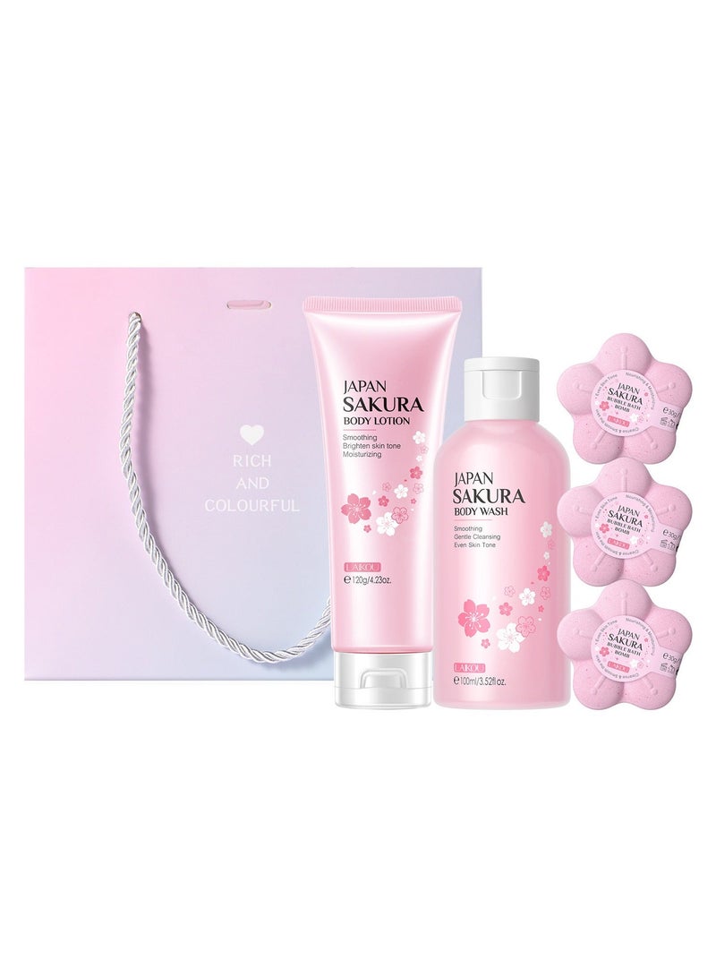 Laikou Women's Sakura Bath Set, Women's Pampering Gift Basket Birthday Gift for Mom, Friends, Sisters, Wife - Includes Sakura Shower Gel 100ml, Body Lotion 120ml, Bubble Bomb Bath Salt 30g*3  - Image 1