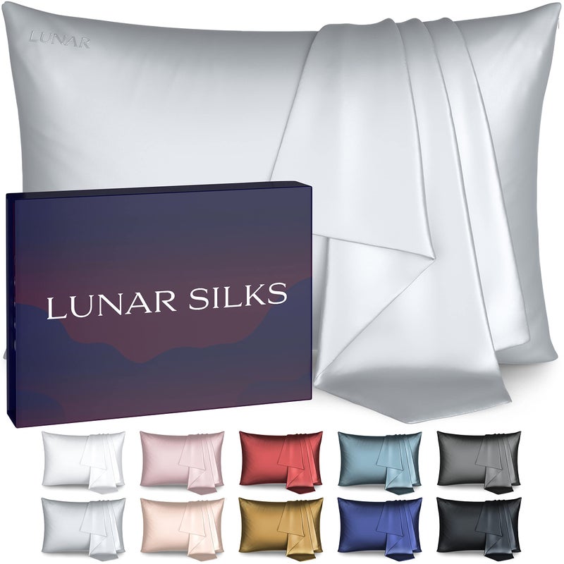 Lunar Silks Lunar Silks Highest Grade 6A 100 Pure Mulberry Real Silk Pillowcase 22 Momme Both Sides for Hair and Skin  Acne Free  1PC in Gift Box Sterling Silver Queen 